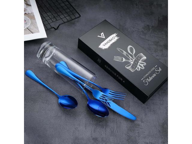Blue Silverware Set Flatware Cutlery - 20 Pieces Stainless Steel Tableware Set Service for 4,Include Fork Knife Spoon,Mirror Polished,Dishwasher Safe