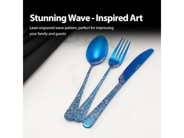 Blue Wave Cutlery Set 20 Pieces Stainless Steel Flatware Set Service for 4 Utensils For Home Kitchen Wedding Laser Engraved Dishwasher Safe All Blue