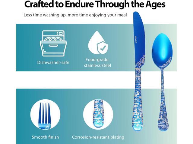Blue Wave Cutlery Set 20 Pieces Stainless Steel Flatware Set Service for 4 Utensils For Home Kitchen Wedding Laser Engraved Dishwasher Safe All Blue