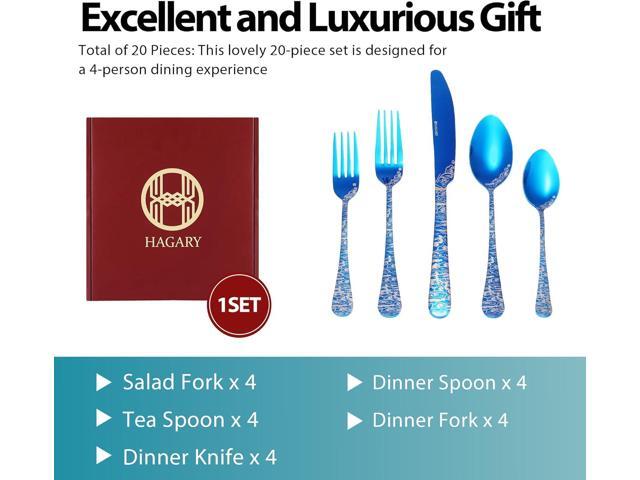 Blue Wave Cutlery Set 20 Pieces Stainless Steel Flatware Set Service for 4 Utensils For Home Kitchen Wedding Laser Engraved Dishwasher Safe All Blue