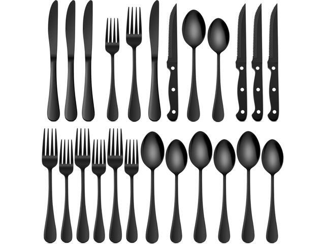 HaWare 24-Piece Black Silverware Set with Steak Knives, Stainless Steel Cutlery Set, Food Grade Flatware Set Service for 4, Mirror Finished.