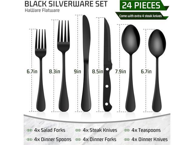 HaWare 24-Piece Black Silverware Set with Steak Knives, Stainless Steel Cutlery Set, Food Grade Flatware Set Service for 4, Mirror Finished...
