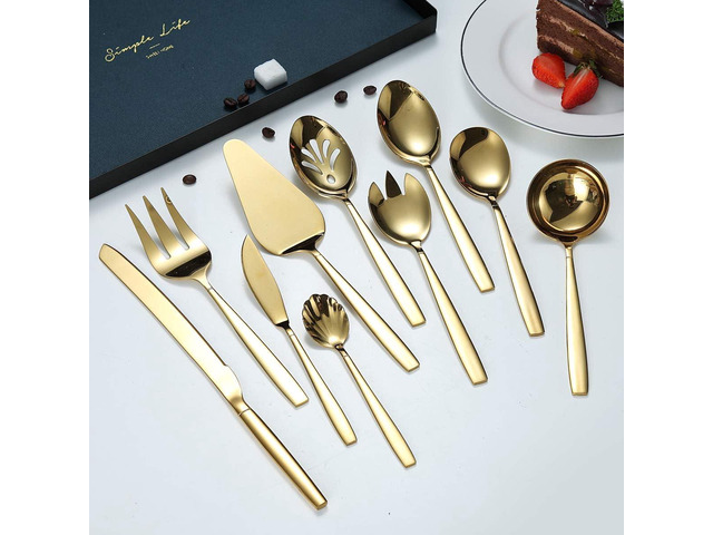 Berglander Gold Serving Utensils 10 Pieces, Titanium Golden Plating Serving Spoons, Included Cake Knife Cake Server Serving Forks Sugar Spoon Salad...