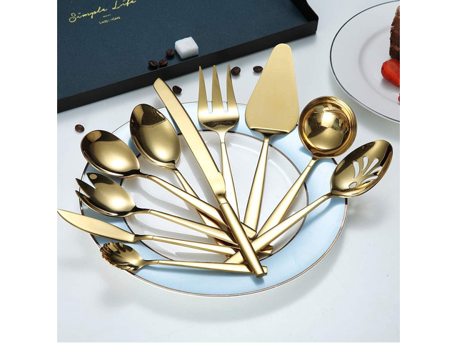 Berglander Gold Serving Utensils 10 Pieces, Titanium Golden Plating Serving Spoons, Included Cake Knife Cake Server Serving Forks Sugar Spoon Salad...