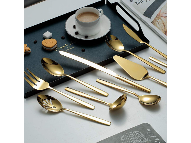 Berglander Gold Serving Utensils 10 Pieces, Titanium Golden Plating Serving Spoons, Included Cake Knife Cake Server Serving Forks Sugar Spoon Salad...