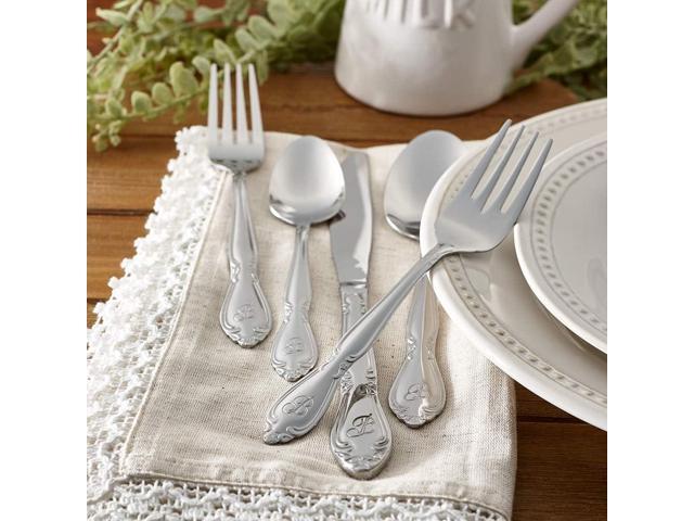 RiverRidge Rose Monogrammed Flatware Set 46 Piece Silverware - R - Utensils Set with Serving Pieces, Heavy Gauge Stainless Steel, Mirror Finish,...