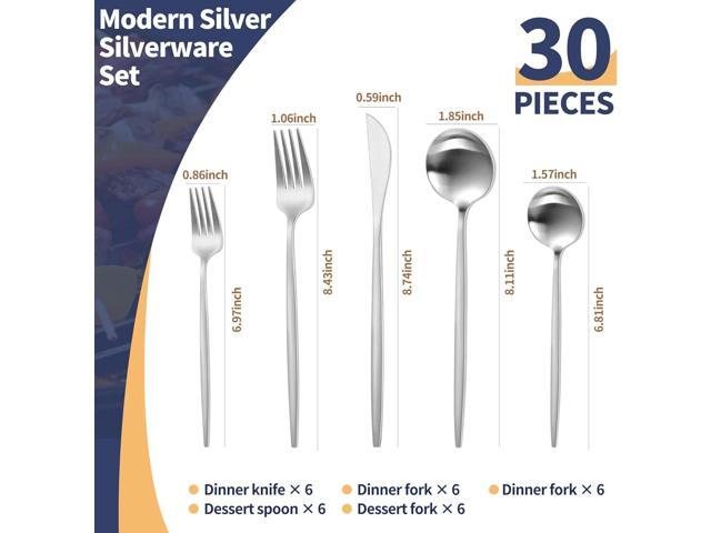 Matte Silverware Set, 30 Piece Stainless Steel Modern Flatware, Brushed Cutlery Service for 6, Satin Finish Utensils, Home Kitchen and Restaurant,...