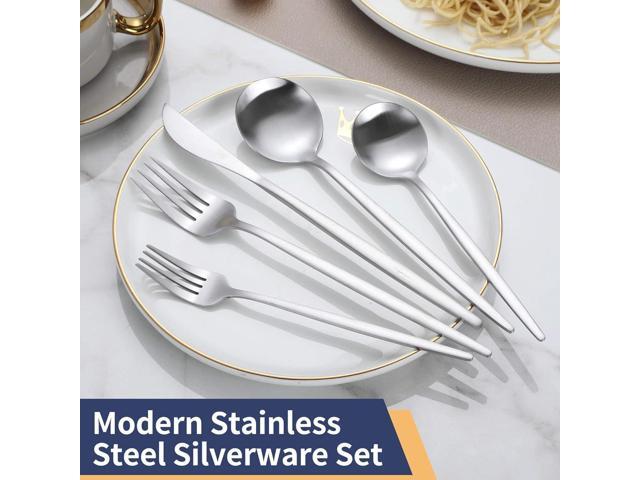 Matte Silverware Set, 30 Piece Stainless Steel Modern Flatware, Brushed Cutlery Service for 6, Satin Finish Utensils, Home Kitchen and Restaurant,...