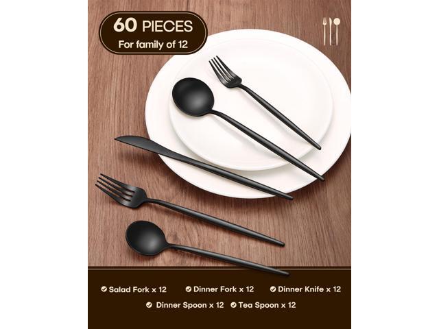 Stapava 60-Piece Matte Black Silverware Set, Stainless Steel Flatware Set for 12, Satin Finish Tableware Cutlery Utensils Set, Include Forks Spoons...