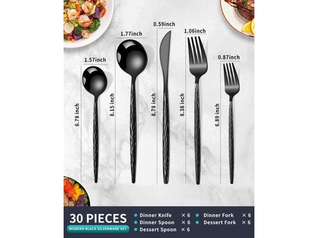 Hammered Black Silverware Set,30 Piece Stainless Steel Flatware Set for 6,Modern Cutlery Set,Includes Spoon Fork Knives Set,Home Kitchen and...