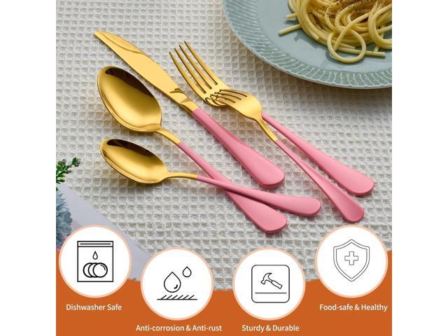 20 Piece Gold and Pink 18/0 Flatware Utensil Set for 4, Include Dinner Knife,Dinner Forks,Dinner Spoons,Salad Forks,Teaspoons,Silverware Set for 4,...