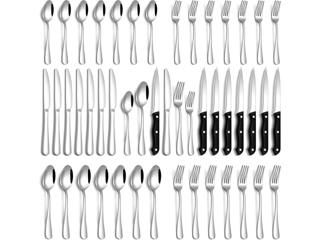 Silverware Set, 48-Piece Flatware Set with Steak Knives for 8, Stainless Steel Mirror Cutlery Include Forks Spoons and Knives Set, Dishwasher Safe...