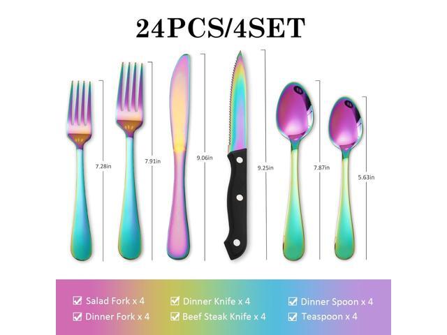 Rainbow Silverware Sets with Steak Knife - 24 PC Stainless Steel Silverware Sets Service for 4 Dishwasher Safe, Mirror Polished Flatware Set For...