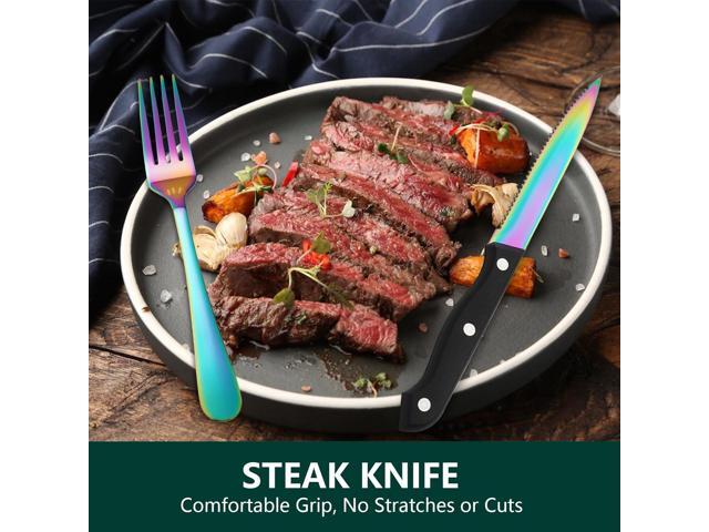 Rainbow Silverware Sets with Steak Knife - 24 PC Stainless Steel Silverware Sets Service for 4 Dishwasher Safe, Mirror Polished Flatware Set For...