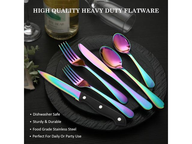 Rainbow Silverware Sets with Steak Knife - 24 PC Stainless Steel Silverware Sets Service for 4 Dishwasher Safe, Mirror Polished Flatware Set For...