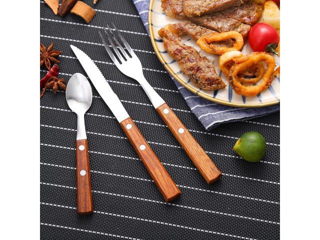 Forks and Spoons Silverware Set, HAPPY KIT Wooden Handle Flatware Set 16-Piece (4 Sets) 18/8 Stainless Steel Cutlery Set Wooden Spoons Dinner Knife...