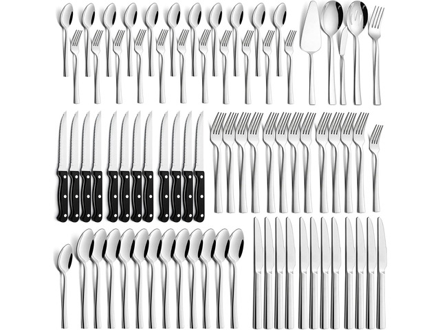 77-Piece Silverware Set with Steak Knives, Solid Stainless Steel Flatware Utensils, Modern Elegant Cutlery Tableware Set, Attach Serving Set,...