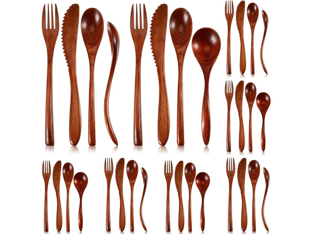 EBOOT 32 Pieces Wooden Forks and Spoons for Eating Utensils Set Curved Tailed Wooden Spoons Knives Wood Flatware Travel Camping Kitchen Eating...