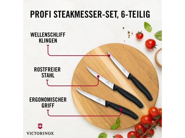 Victorinox 6.7233.6 Swiss Classic Steak Knife Set Ideal for Slicing a Wide Variety of Steak Cuts Serrated Blade in Black, Set of 6