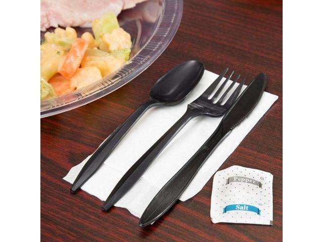 150 Plastic Cutlery Packets - Knife Fork Spoon Napkin Salt Pepper Sets Black Plastic Silverware Sets Individually Wrapped Cutlery Kits, Bulk...