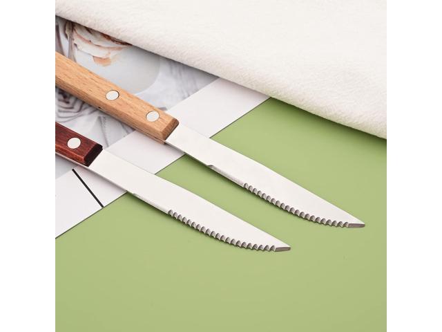 Dinner Knives Set of 8 - Wooden Handled Serrated Knives - 304 Stainless Steel Dinner Knife - 8.15 In Square Handle Table Knives Set - Mirror Finish