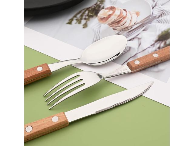 Dinner Knives Set of 8 - Wooden Handled Serrated Knives - 304 Stainless Steel Dinner Knife - 8.15 In Square Handle Table Knives Set - Mirror Finish