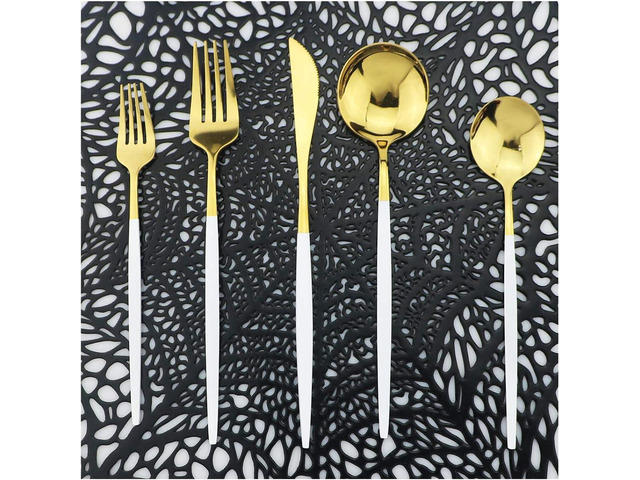 Gold Flatware Set, Royal 30 Pieces White Handle and Mirror Gold 304 Stainless Steel Tableware Sets Silverware Cutlery Utensil Set Service for 6...
