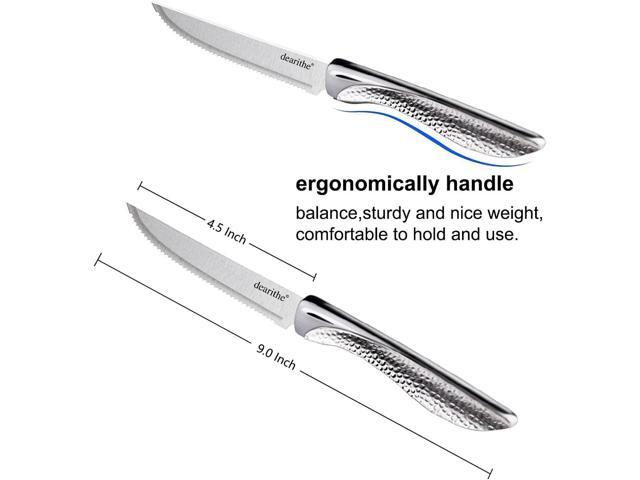 Serrated Steak Knives Set of 12, Stainless Steel Sharp Blade Flatware Steak Knife Set,4.5 In, Hammered Pattern Hollowed Handle,For Kitchen...