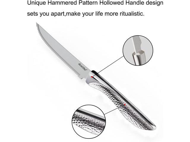 Serrated Steak Knives Set of 12, Stainless Steel Sharp Blade Flatware Steak Knife Set,4.5 In, Hammered Pattern Hollowed Handle,For Kitchen...
