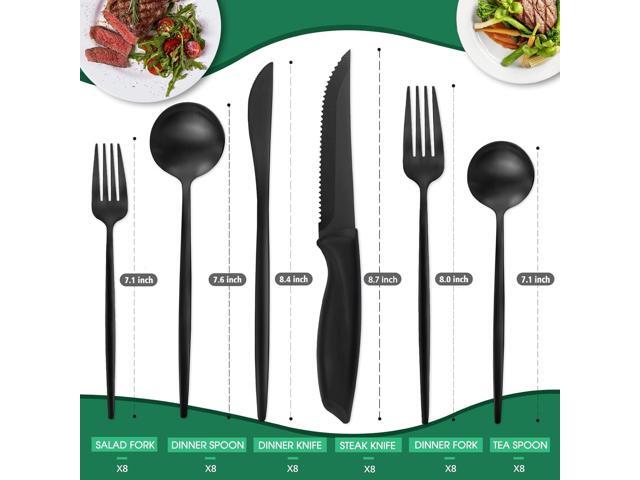 48 Pieces Matte Black Silverware Set with Steak Knives, Satin Finish tableware Cutlery Set, Home and Restaurant, Service for 8, Dishwasher Safe