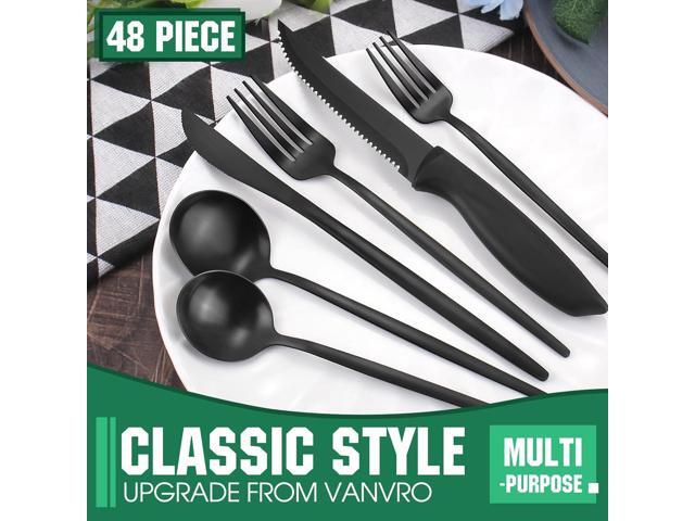48 Pieces Matte Black Silverware Set with Steak Knives, Satin Finish tableware Cutlery Set, Home and Restaurant, Service for 8, Dishwasher Safe