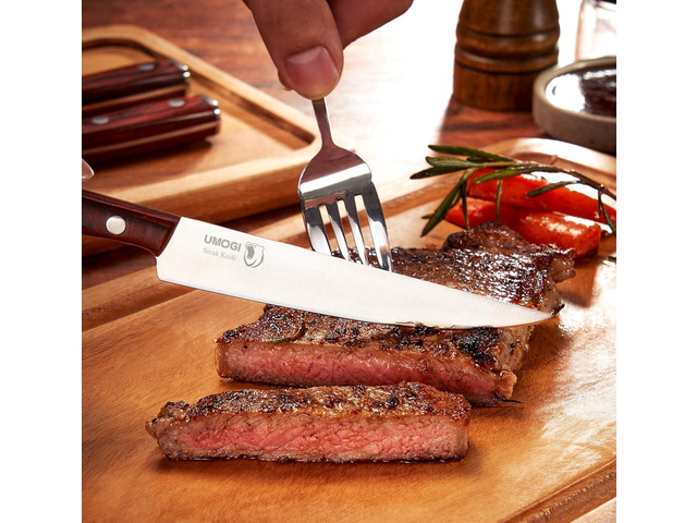 Premium Steak Knives Set of 6 in Gift Box - Polished Wood Handle, HC German Stainless Steel, Straight Edge Non Serrated - 4.8''Dinner Knife,...