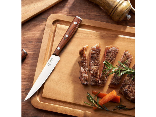 Premium Steak Knives Set of 6 in Gift Box - Polished Wood Handle, HC German Stainless Steel, Straight Edge Non Serrated - 4.8''Dinner Knife,...
