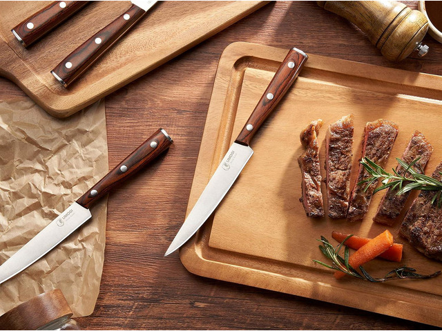 Premium Steak Knives Set of 6 in Gift Box - Polished Wood Handle, HC German Stainless Steel, Straight Edge Non Serrated - 4.8''Dinner Knife,...