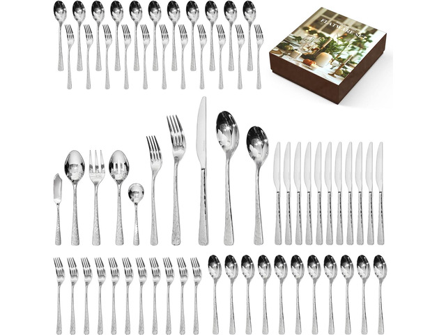 KINGSTONE Hammered Silverware Set, Flatware Set with Serving Utensils, 18/10 Stainless Steel Premium Cutlery with Unique Ripple Handles Design...