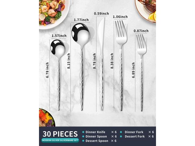 Hammered Silverware Set,30 Piece Stainless Steel Flatware Set for 6,Modern Cutlery Set,Includes Spoon Fork Knives Set,Home Kitchen and...