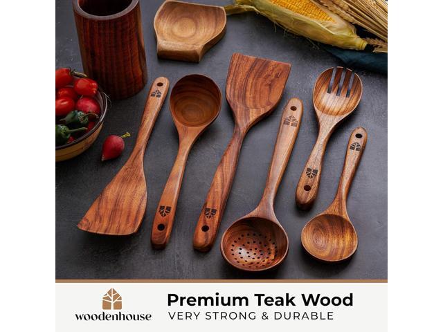 8 Pcs Teak Wooden Utensil Set with Holder, Spoon Rest & 6 Hooks - Durable Wooden Spoons for Cooking with Comfort Grip - Effortless Clean, Non-Stick...