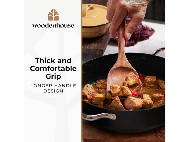 8 Pcs Teak Wooden Utensil Set with Holder, Spoon Rest & 6 Hooks - Durable Wooden Spoons for Cooking with Comfort Grip - Effortless Clean, Non-Stick...