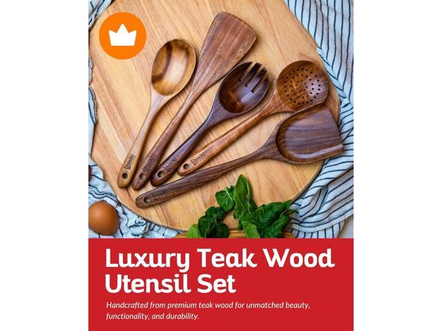 Boxiki Kitchen Luxury Teak Wood Utensil Set - Elegant 6-Piece Cooking Ensemble Including Spoons, Server, Scraper & Spatula - Expertly Crafted for...
