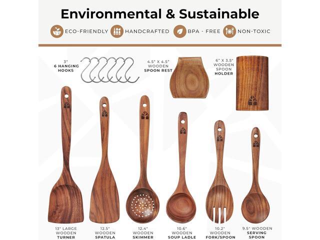 8 Pcs Teak Wooden Utensil Set with Holder, Spoon Rest & 6 Hooks - Durable Wooden Spoons for Cooking with Comfort Grip - Effortless Clean, Non-Stick...