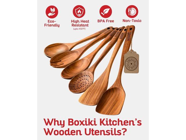 Boxiki Kitchen Luxury Teak Wood Utensil Set - Elegant 6-Piece Cooking Ensemble Including Spoons, Server, Scraper & Spatula - Expertly Crafted for...