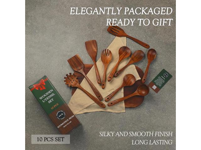 Wooden Spoons for Cooking 10-Piece Teak Wood Cookware Utensil Set with Smooth Finish Non-Stick, Comfortable Grip Durable, Heat Resistant Kitchen...