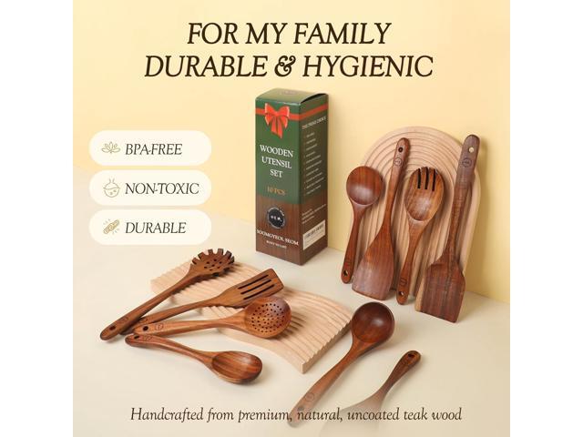 Wooden Spoons for Cooking 10-Piece Teak Wood Cookware Utensil Set with Smooth Finish Non-Stick, Comfortable Grip Durable, Heat Resistant Kitchen...