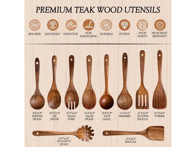 Wooden Spoons for Cooking 10-Piece Teak Wood Cookware Utensil Set with Smooth Finish Non-Stick, Comfortable Grip Durable, Heat Resistant Kitchen...