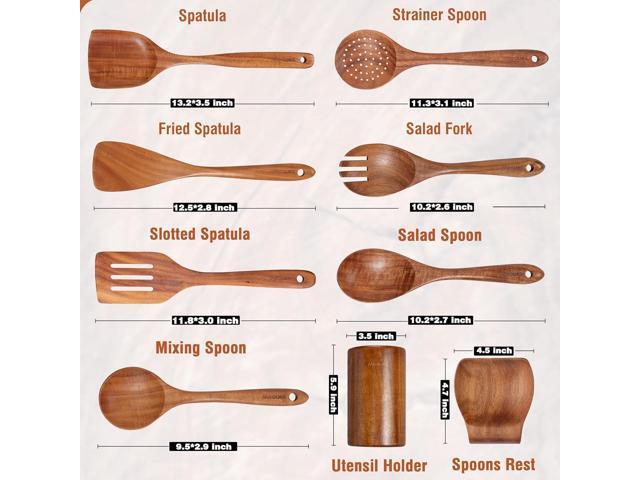 9 Piece Natural Teak Wooden Kitchen Utensil Set with Spoon Rest - Comfort Grip Cooking Spoons and Utensils Holder