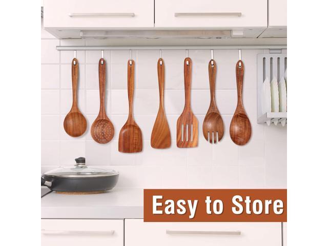9 Piece Natural Teak Wooden Kitchen Utensil Set with Spoon Rest - Comfort Grip Cooking Spoons and Utensils Holder