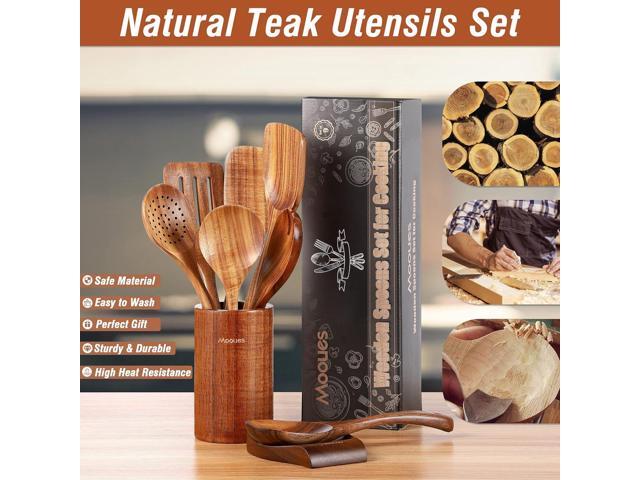 9 Piece Natural Teak Wooden Kitchen Utensil Set with Spoon Rest - Comfort Grip Cooking Spoons and Utensils Holder