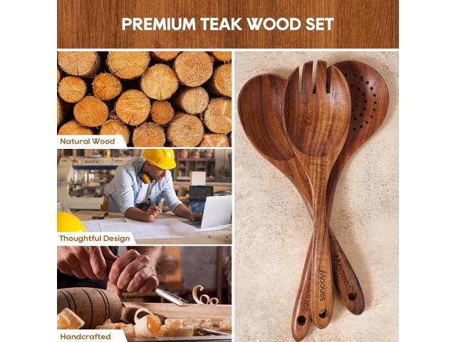 Wooden Spoons for Cooking, 10PCS Teak Wood Cookware Utensil Set with Hooks - Smooth Finish, Non-Stick, Comfortable Grip, Heat Resistant Kitchen...