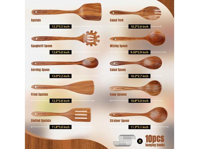 Wooden Spoons for Cooking, 10PCS Teak Wood Cookware Utensil Set with Hooks - Smooth Finish, Non-Stick, Comfortable Grip, Heat Resistant Kitchen...