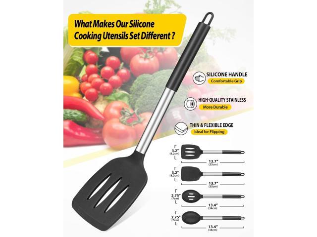 Pack of 4 Silicone Cooking Utensils Set, Non Stick Large Solid Spatulas, Heat Resistant Black Slotted Spoons, Ideal BPA Free Kitchen Turners for...